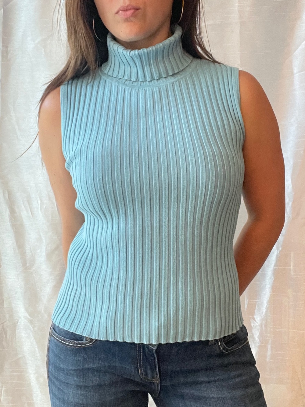 Vintage Y2K Ribbed Turtleneck Top Womens Large Blue Sleeveless Preppy Coquette